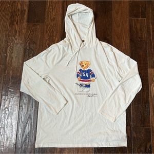 Polo Ralph Lauren Men's White Polo Bear Hockey Long Sleeve Hooded T-Shirt